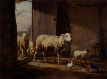 ユージン・ヨーゼフ・フェルベックホーフェン Painting - 牧草地から戻る羊 オイゲン・フェルベックホーフェン 動物